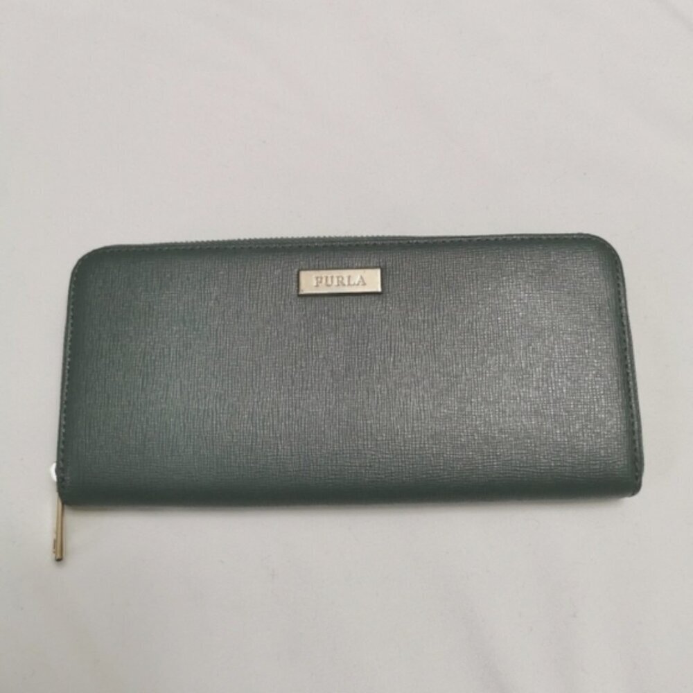 Furla Petrol Green Saffiano Leather Zip Around Wallet